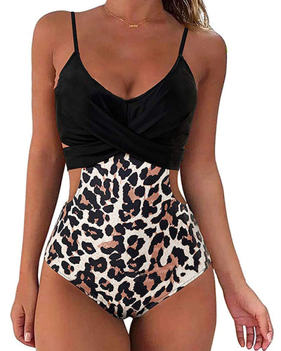 Women's Sexy Cross High Waist Leopard Print Two Piece Swimsuit S-XXL