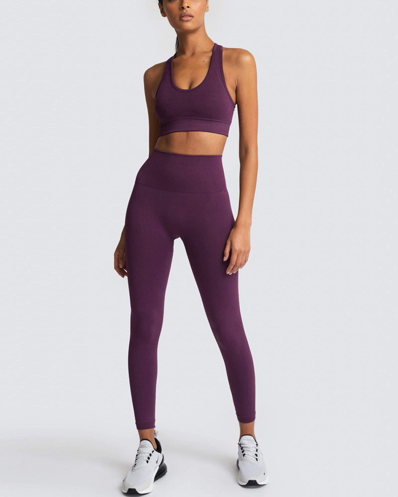 Seamless Slim Knit Sports Yoga Two-piece Sets S-L