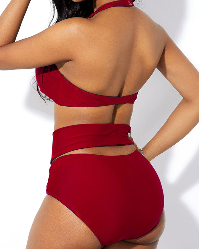 High Waist Solid Color Neck Front Cross Two-piece Swimsuit