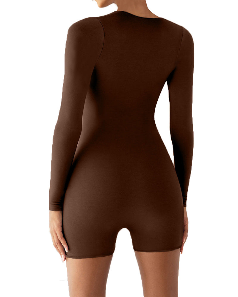 Yoga Long Sleeve Solid Color Square Neck Sexy Romper Ivory Black Deep Brown Green S-XL