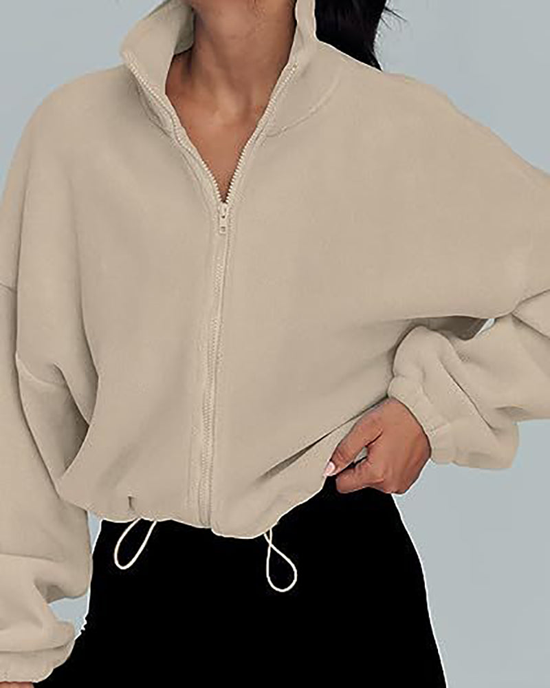 Women Long Sleeve Solid Color Stand Neck Sports Coat S-2XL