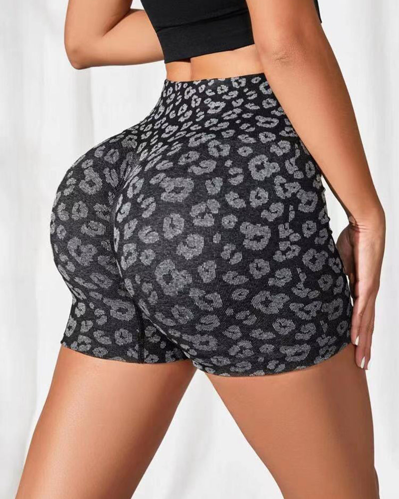 Leopard Printed Hips Lift High Waist Sports Shorts S-L