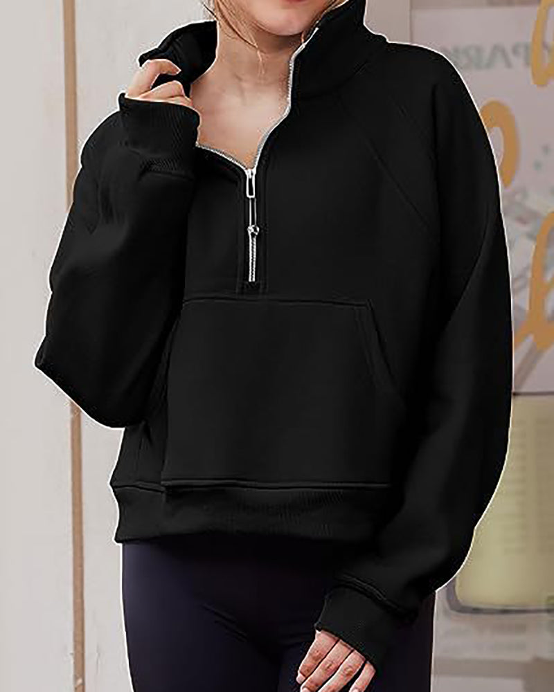 Half Zipper Long Sleeve Pocket Sweater Stand Neck Pullover Top S-XL