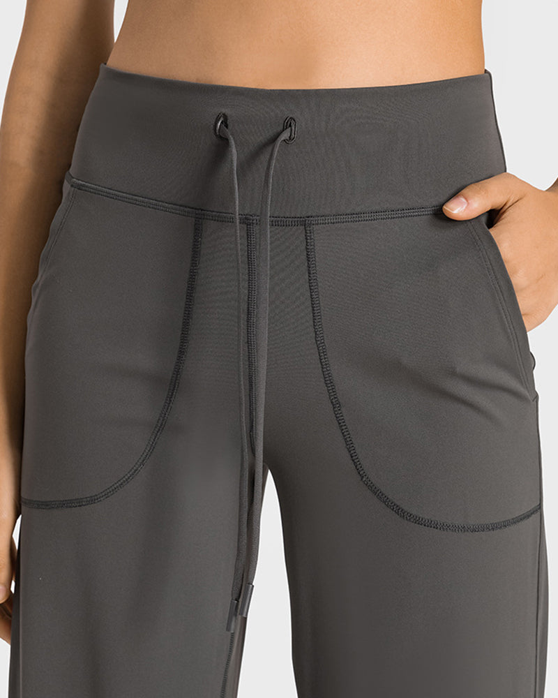 Women Drawstrap Wide Leg Pocket Yoga Bottoms Pants Joggers Green Black Gray Brown 4-12
