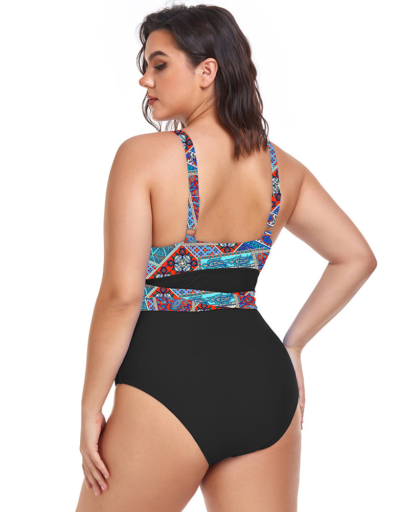 Women V Neck Sexy Wrap One Piece Plus Size Swimwear L-4XL