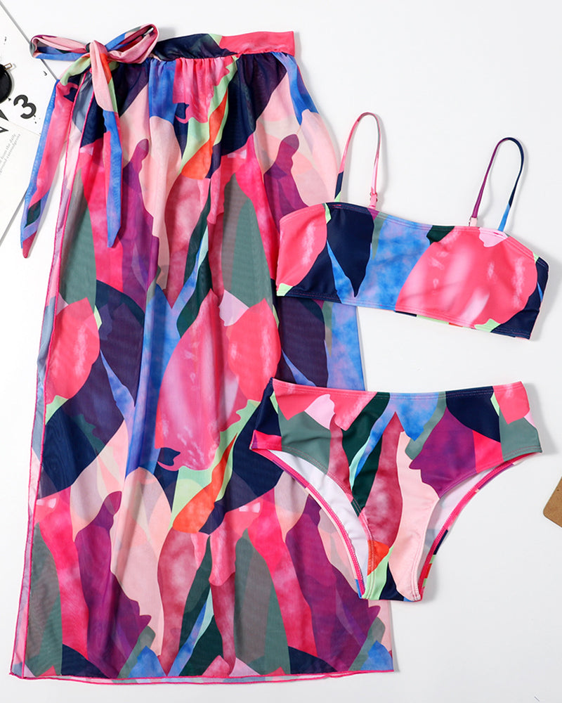 Fashion Printed Women Sexy Colorblock Three-piece Swimsuit Yellow Red Green Light Purple Pink Blue Orange S-XL YY10015