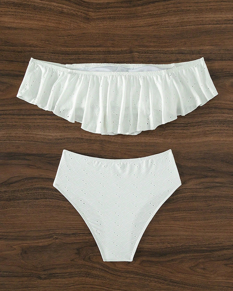 Off Shoulder Ruffer High Waist Women Two-piece Swimsuit White XS-L