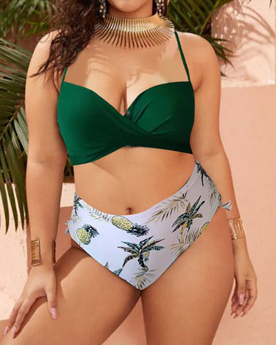 Women Cross Strappy High Waist Two Piece Swimwear Green XL-4XL