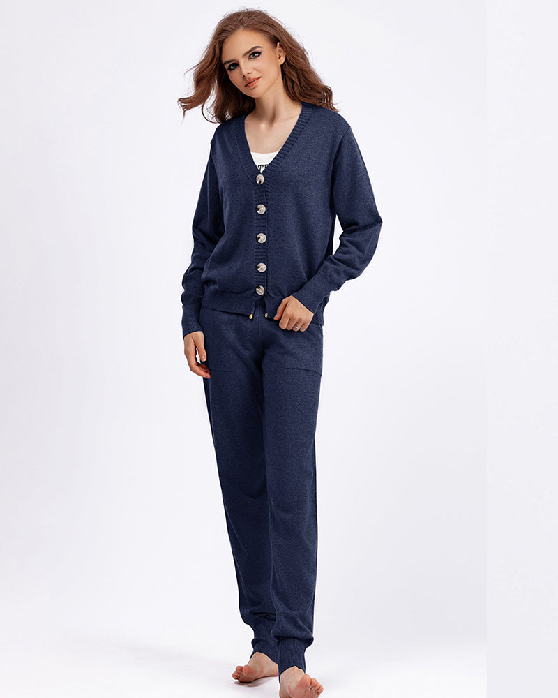 Autumn Knit V Neck Long Sleeve Cardigan Pocket Trousers Two Piece Sets One Size