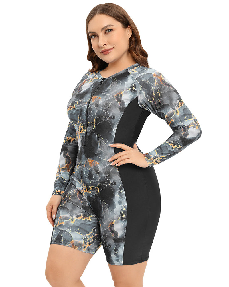 Women Zipper Front Long Sleeve Romper Plus Size Swimwear Diving Suit L-3XL