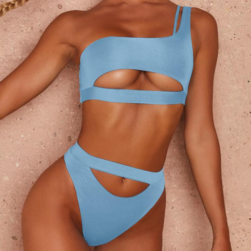 Solid Color Bikini 2021 New High Waist Bikini Set One Shoulder Swimwear Women&