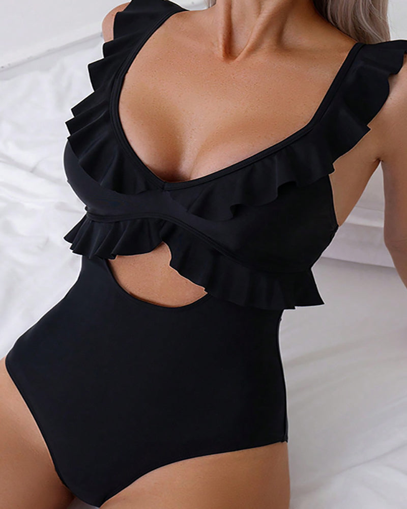 V Neck Hollow Out High Waist Ruffles One-piece Swimsuit Swimwear Black S-XL