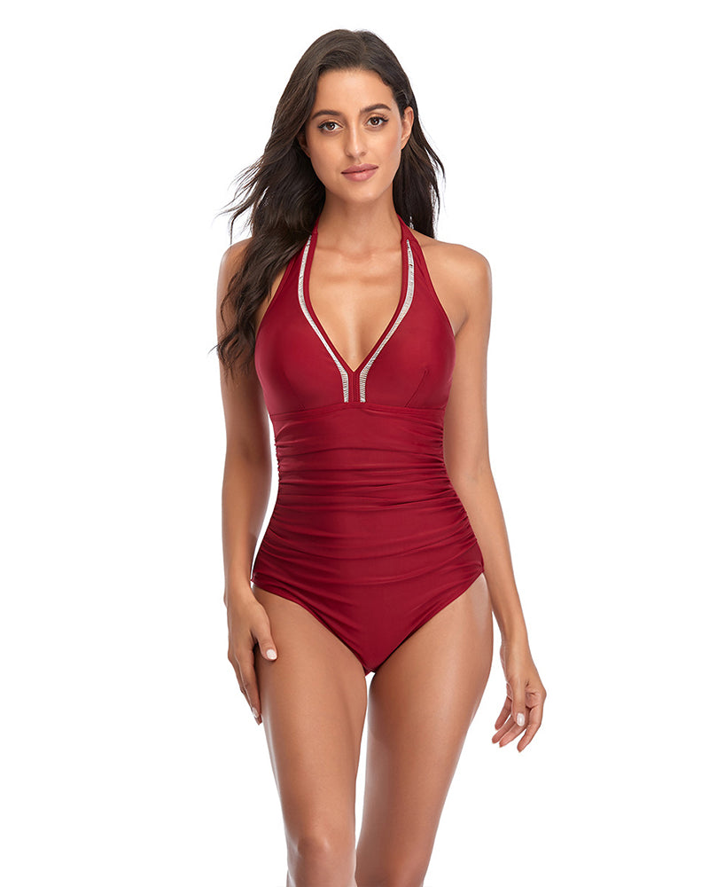 Women Solid Color V-Neck One-piece Swimsuit Pink Red Wine Red Black Yellow S-2XL YY10200