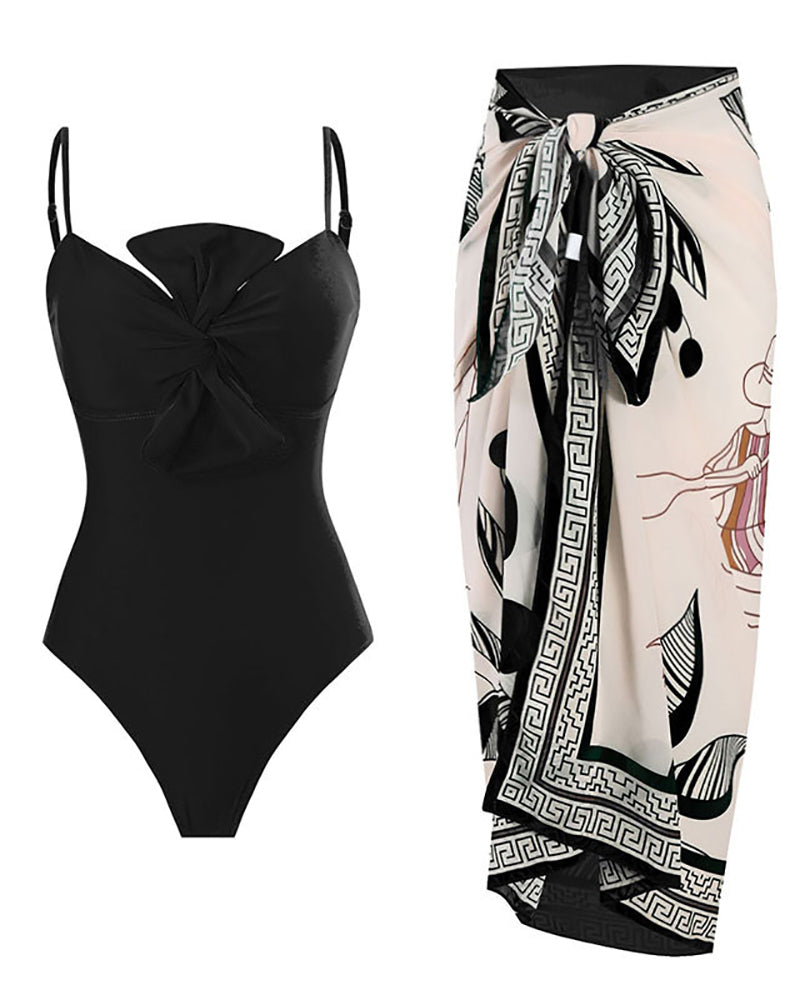 Women Printing Knot Bow One Pieces Sling Swimwear Long Maxi Cover Two-piece Swimsuit S-L