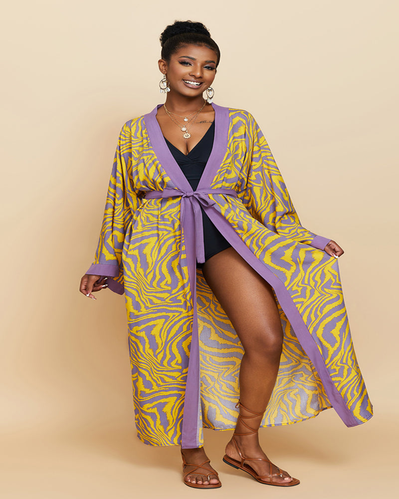 New Bohemian Style Printed Long Sleeve Cotton Kimonos Swimwear Cover Up