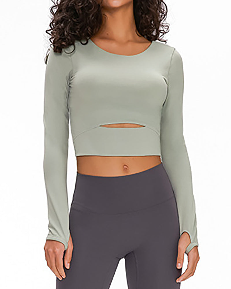 Autumn Women O-neck Solid Color Long Sleeve Running Crop Tpp Yoga Tops 4-12