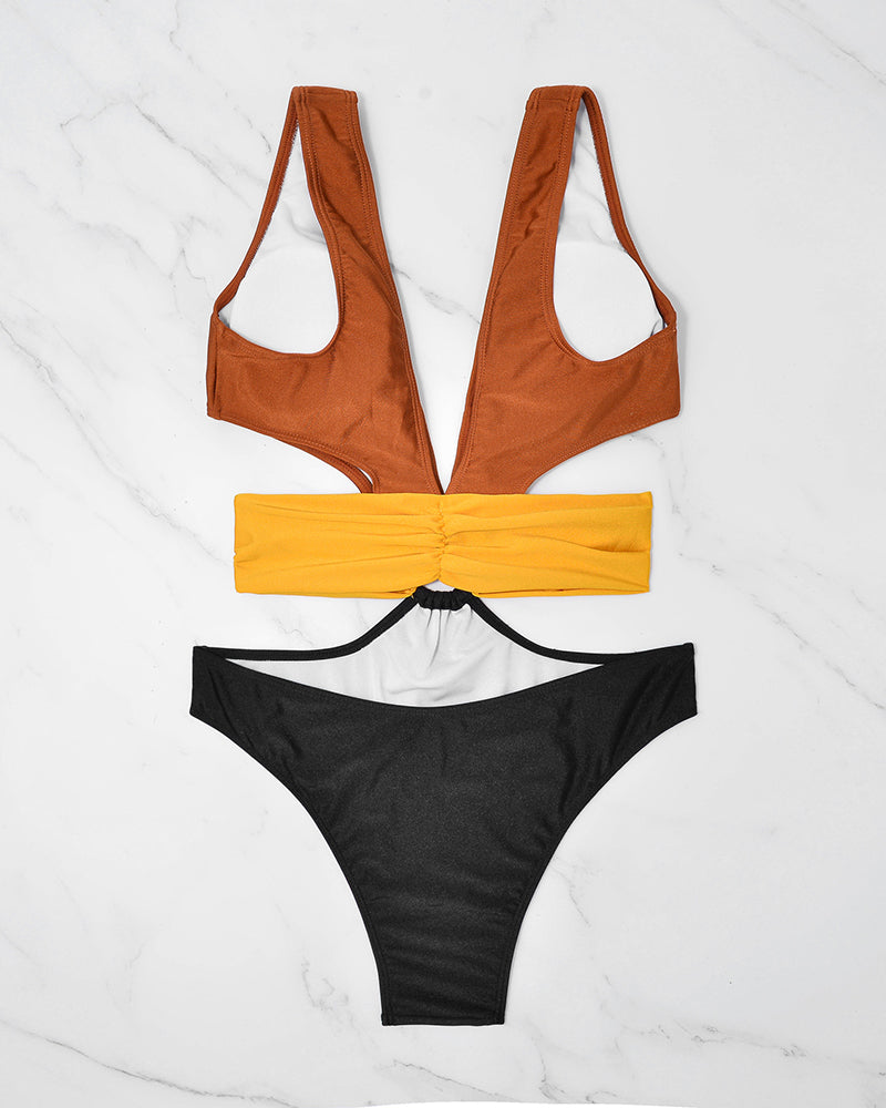 Fashion Women Deep V Neck Ring Waist High Cut Colorblock One-piece Swimsuit S-XL