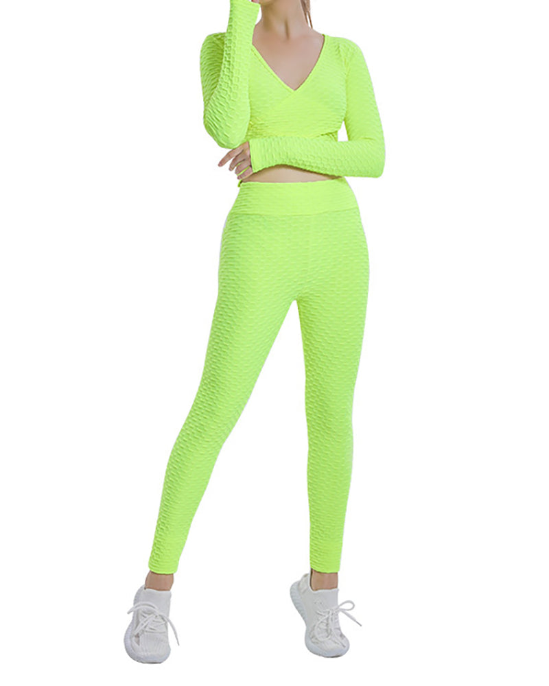 Jacquard Bubble Sexy Cross Long Sleeve Top High Waist Fitness Pants Yoga Suit Set Solid Color S-XXL Pants Sets