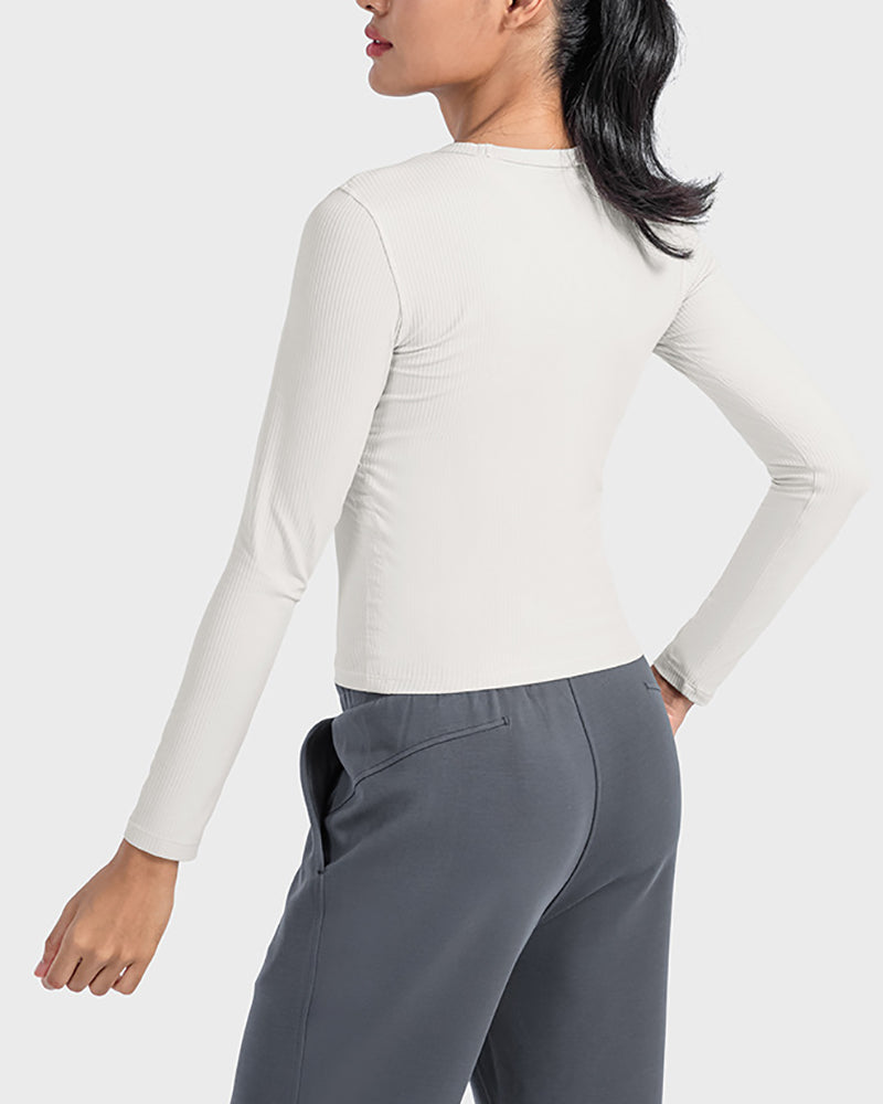 Long Sleeve Knit O Neck Ruched Waist Line Sports Top 4-12