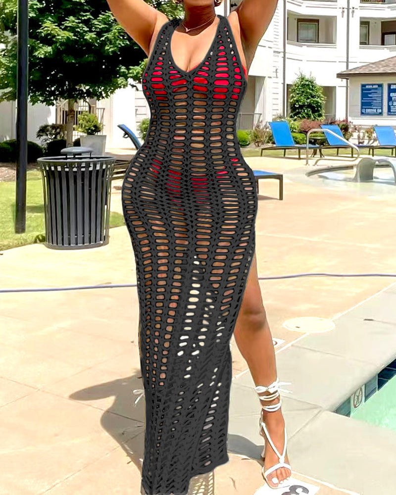 Women Knit Mesh Sleeveless V-neck Fashion Solid Color Beach Dresses White Black Red Green Blue Orange Army Green Light Apricot S-2XL