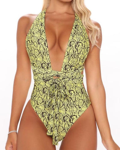 Women Sexy Swimsuit Classic Animal Print Lace-up Halter Sling Bodysuit Backless Swimming One-Piece Suit Swimwear Beachwear 2021