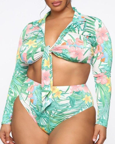 Plus Size Bikini Set 2021 Green Print High Waist Swimwear Women Long Sleeve Two Piece Swimsuit African Bathing Suit 5XL Biquini