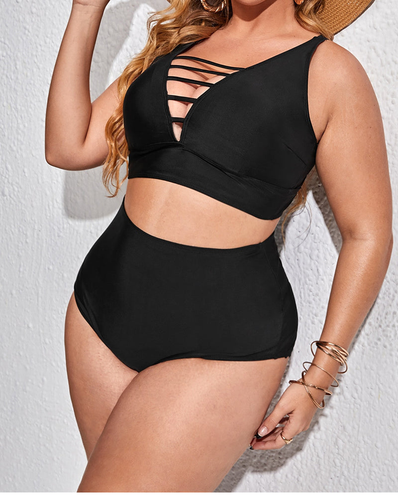 V-neck High Waist Bikini Women Plus Size Swimwear Green Black L-4XL