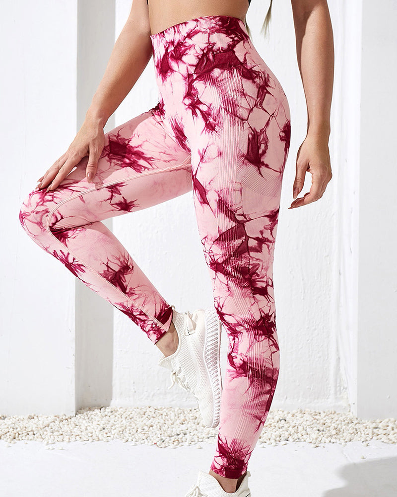 Women Tie-Dye High Waist Fitness Pants Peach Hip Lift Yoga Pants Sports Tights Quick-Drying Nine-Point Pants