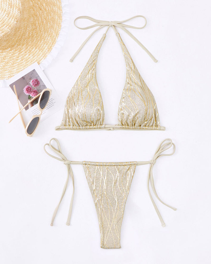 Women Halter V Neck Striped Tie Side String Bikini Two-piece Swimsuit Gold Blue Pink S-XL