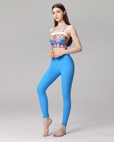 Ladies Retro Printed Bra Pants Sets Yoga Two-piece Sets Blue S-L