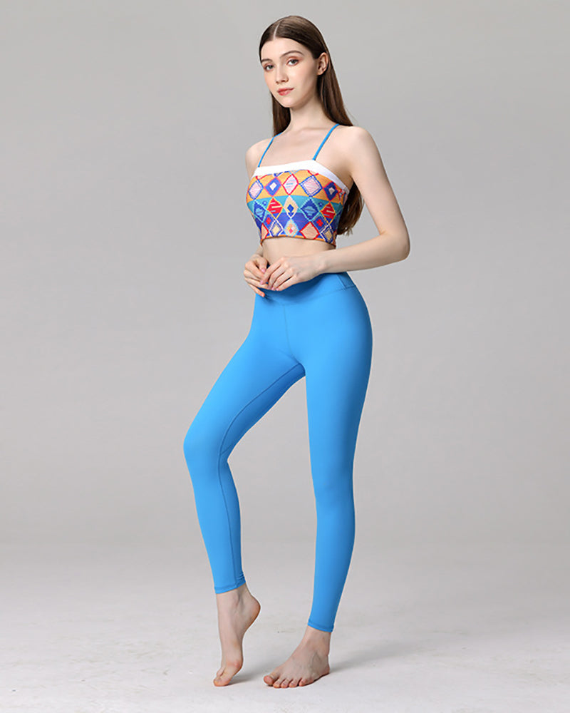 Ladies Retro Printed Bra Pants Sets Yoga Two-piece Sets Blue S-L