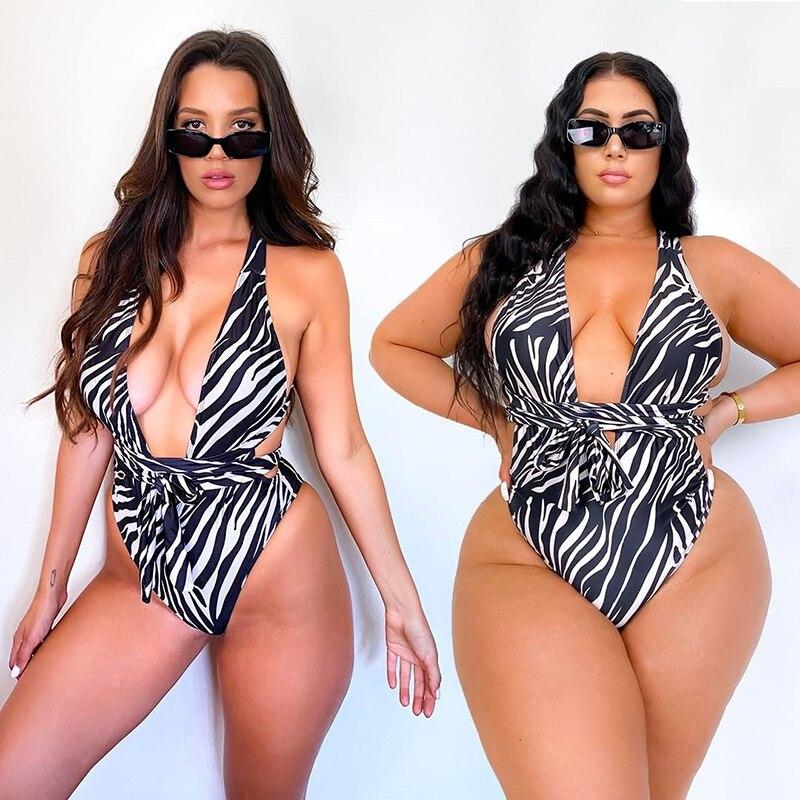 Women Sexy Swimsuit Classic Animal Print Lace-up Halter Sling Bodysuit Backless Swimming One-Piece Suit Swimwear Beachwear 2021 OM22483