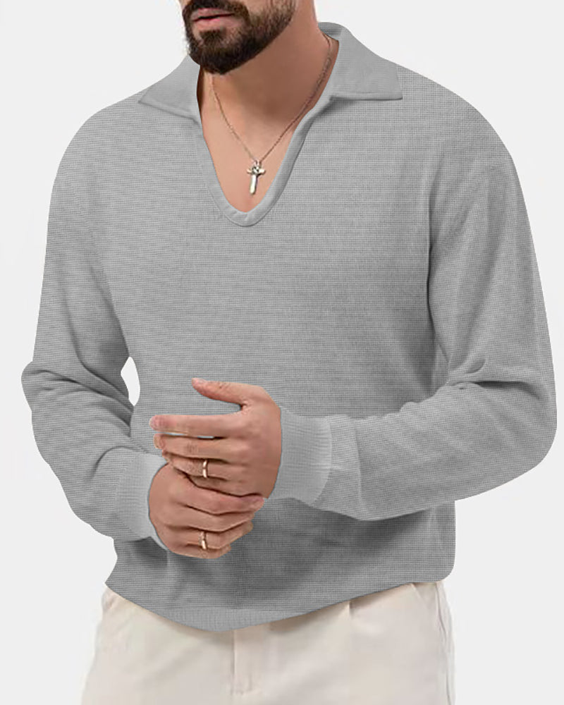 Autumn Men Solid Color Lapel V-neck Long Sleeve Waffle T-shirt Knitwear White Black Army Green Khaki Blue Apricot Gray S-3XL