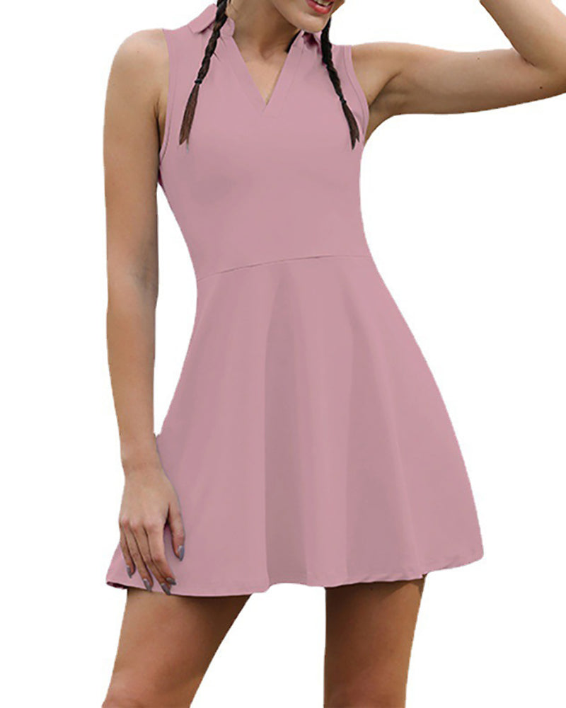 Women Sleeveless Solid Color V-neck Tennis Golf Dress With Shorts Yoga Two-piece Suit Blue Pink Black White XS-2XL Shorts Sets