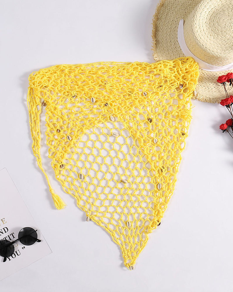 Summer New Crochet Bikini Hand-woven Beach Triangle Shawl Sexy Fishnet Shell Sunscreen Beach Cover UP OM25968