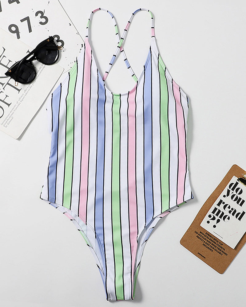 Woman Stylish Multicolor Stripe High Cut One-piece Swimsuit Green Purple Orange S-XL YY10019