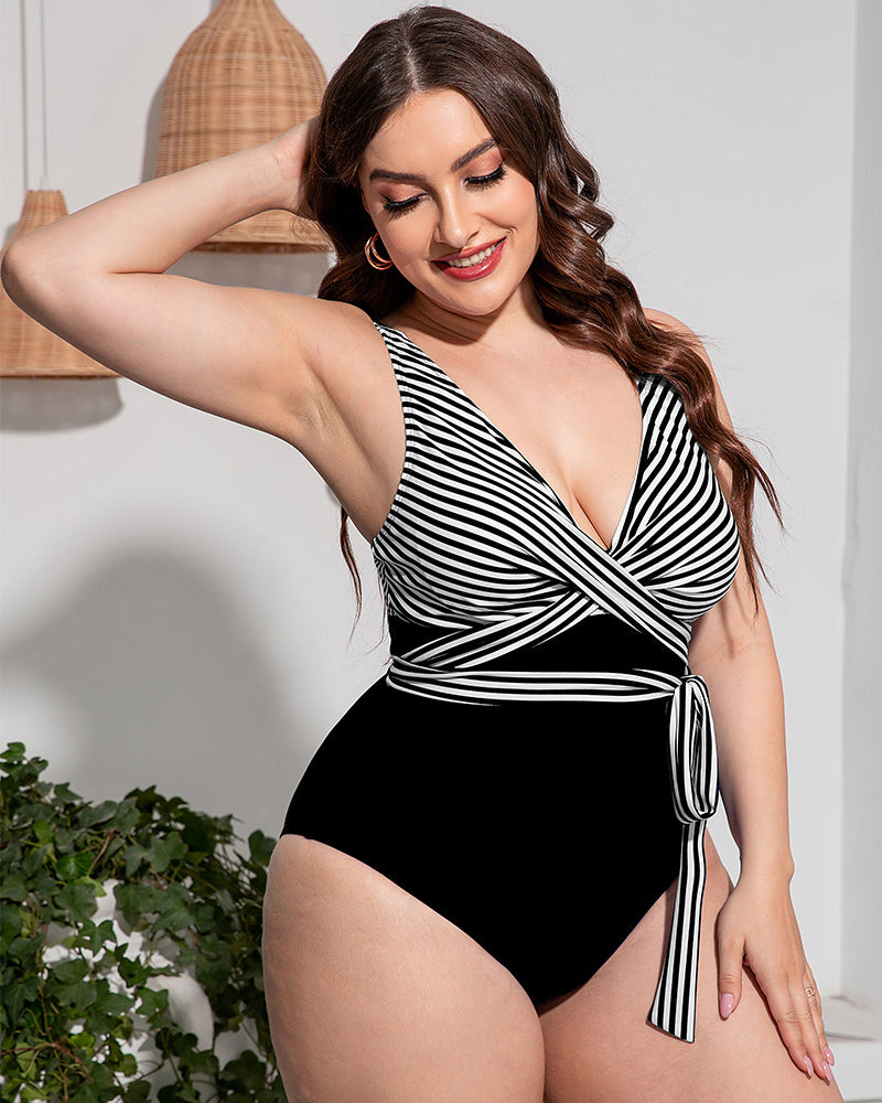 Women V Neck Sexy Wrap One Piece Plus Size Swimwear L-4XL