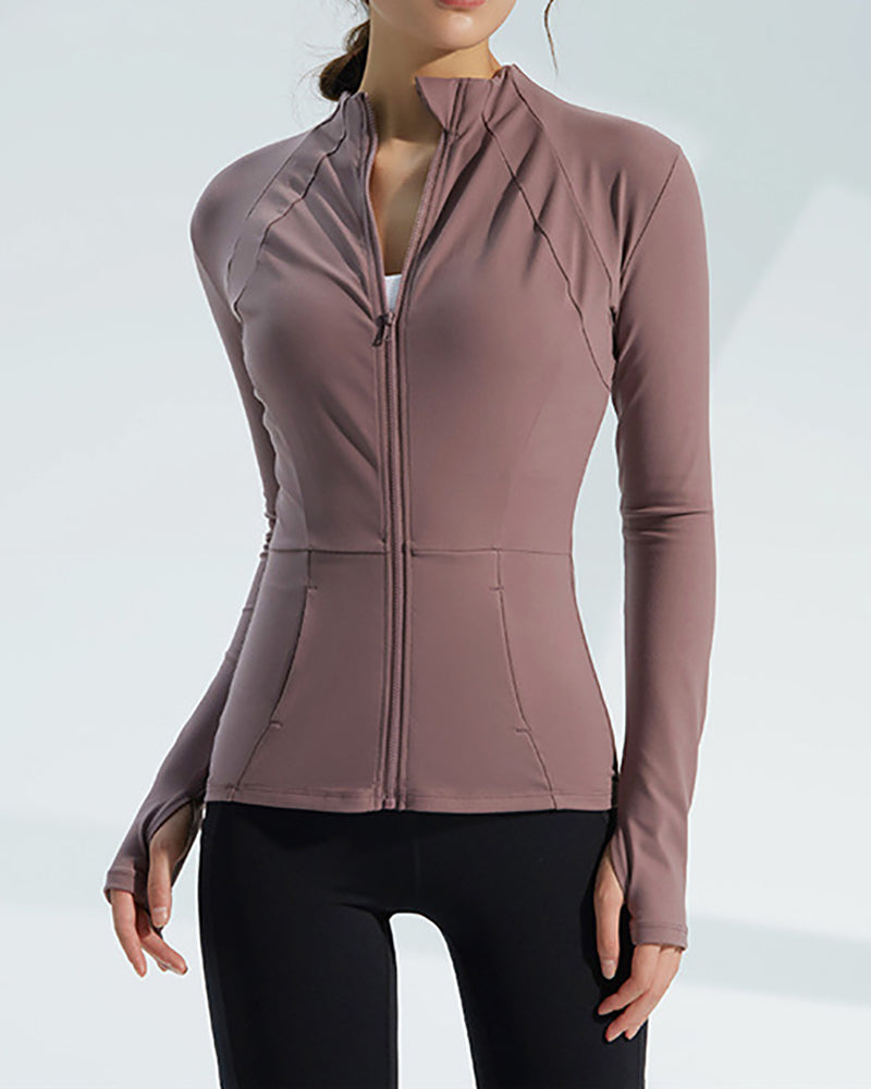 Autumn Slim Fit Collar Workout Sport Long Sleeve Women Zipper Nylon Fitness Jacket With Thumb Holes Quick drying Sport Yoga Tops Coat