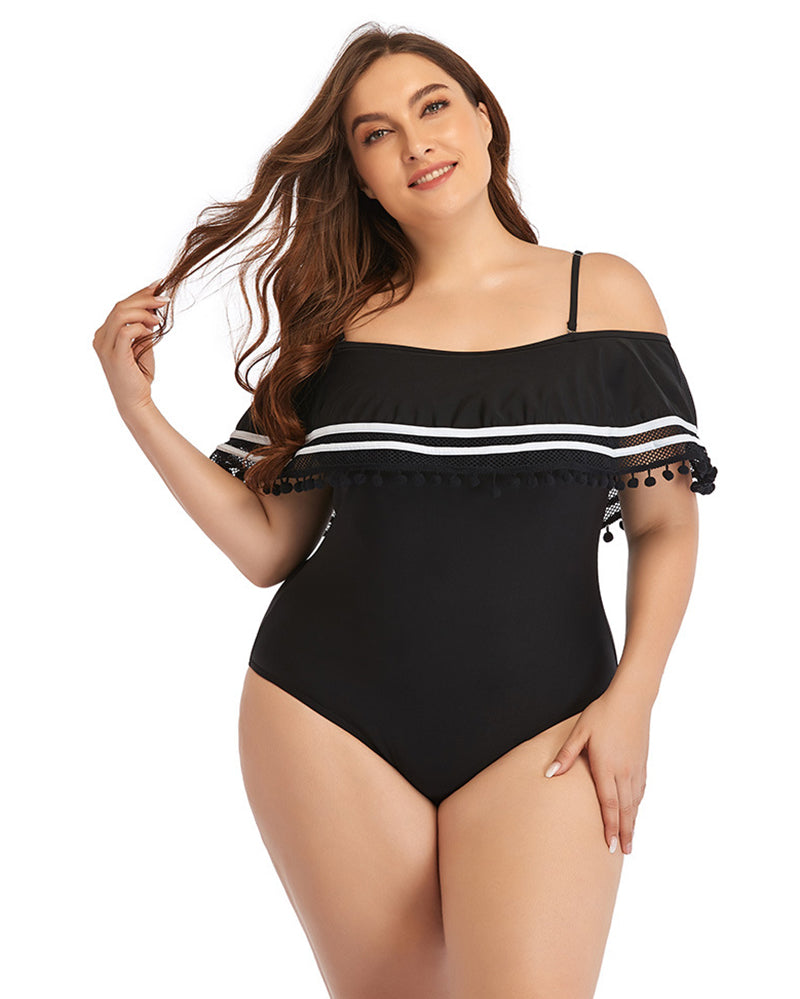 Women Off Shoulder Sexy One Piece Plus Size Swimwear Black L-4XL