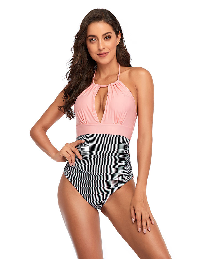 Fashion Hollow Out Colorblock Women One-piece Swimsuit Blue Pink S-2XL YY10198