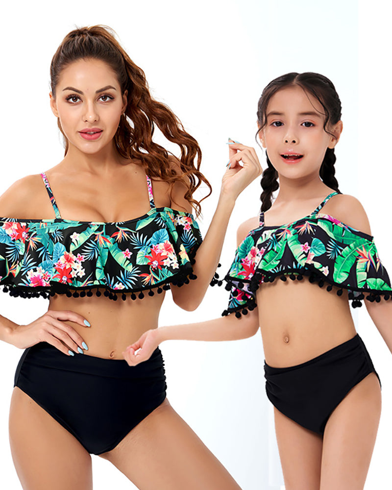 Fashion New Sling Floral Printed Tassel Decoration High Waist Mother and Daughter Two-Piece Bikini Swimsuit Adult S-Adult XL Child 104-Child 164