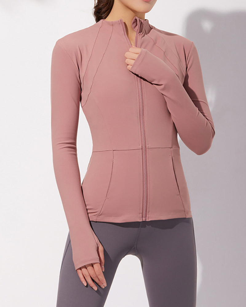 Autumn Slim Fit Collar Workout Sport Long Sleeve Women Zipper Nylon Fitness Jacket With Thumb Holes Quick drying Sport Yoga Tops Coat