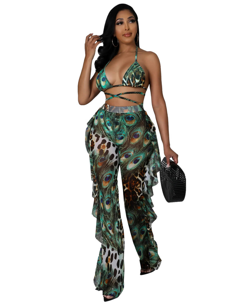 Green Leopard Printed Three Piece Beach Swimwear Set S-XL