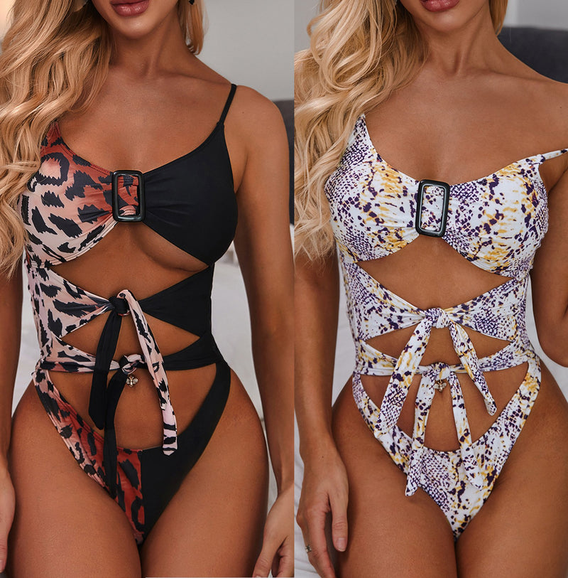 New Arriving Snake-print Button Insert Sexy Strap One-piece Swimsuit S-L OM20692