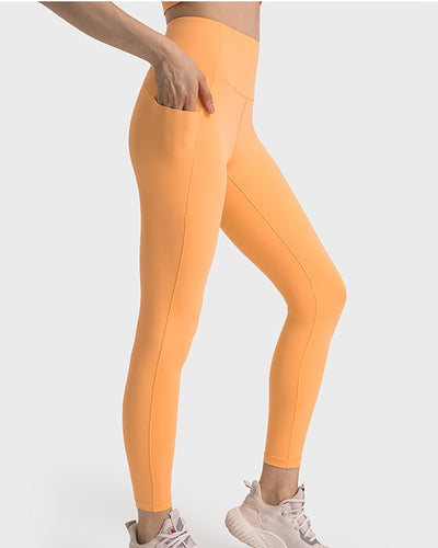 Women High Waist Hip Lift Side Pocket High Elastic Tight Pants Orange Green Black Blue 4-12