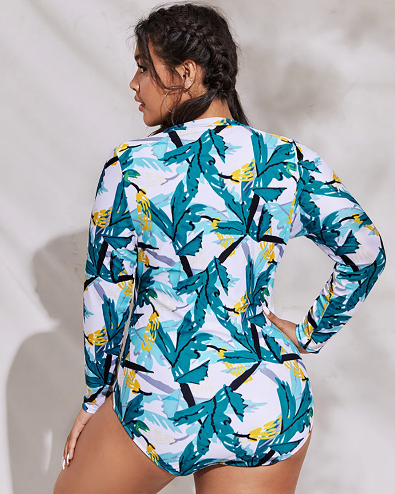 Floral Printed Long Sleeve Plus Size Swimwear L-4XL