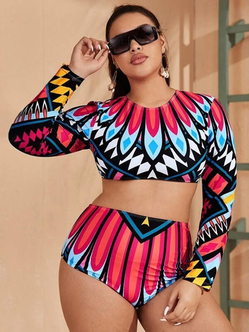 Long Sleeve Bikini Set Sexy Swimsuit Female Print High Waist Bikini Push Up Swimwear Women Plus Size Bathing Suit OM22468