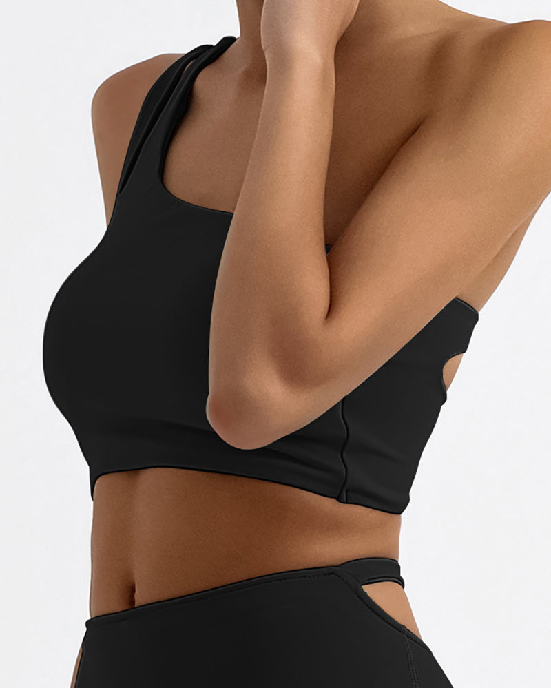 Women One Shoulder Back Criss Cross Quick-Drying Sports Bra Orange Khaki Black White S-L