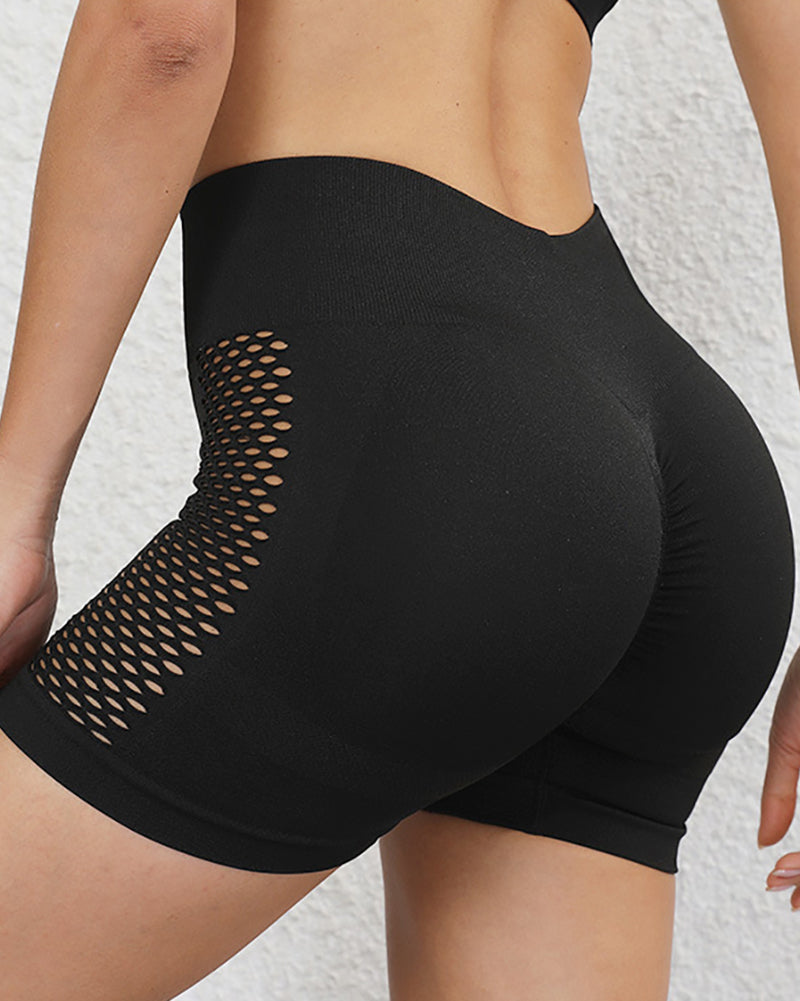 Sports Women Seam Up Back Slim Mesh Side Fitness Shorts Black S-2XL