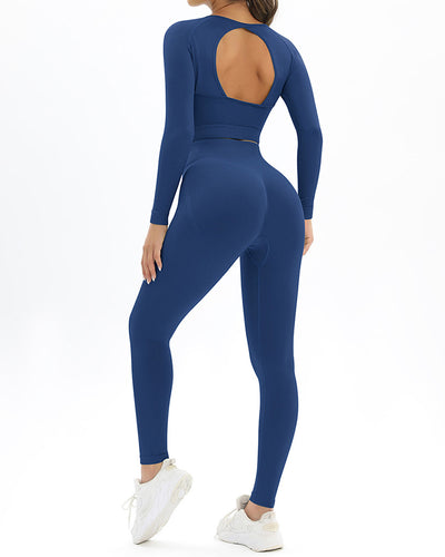 Long Sleeve Solid Color Backless Yoga Two-piece Set S-L